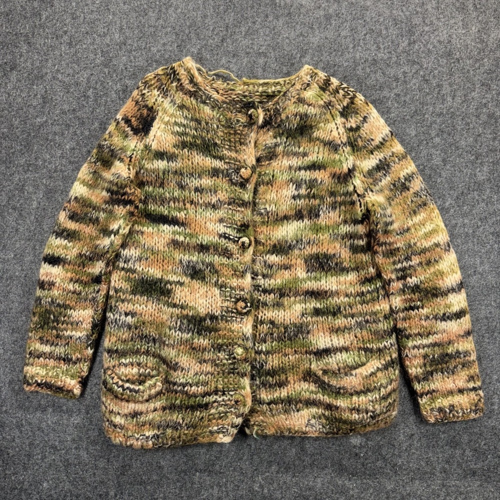 Vintage 1960s Knit Cardigan Sweater Womens 18x25 Camo Long Sleeve USA Granny